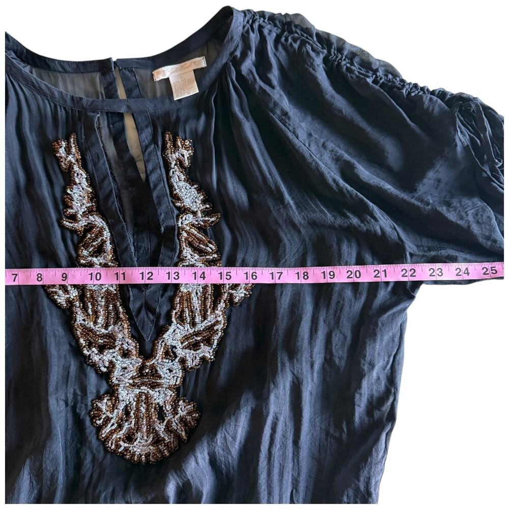 Gold Hawk Vintage Beaded Blouse Silk Sheer Black Top Boho  L - Picture 10 of 15